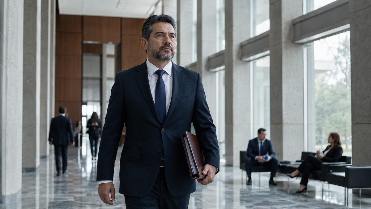 Abogado especializado en blindaje electoral caminando en vestíbulo de tribunal institucional