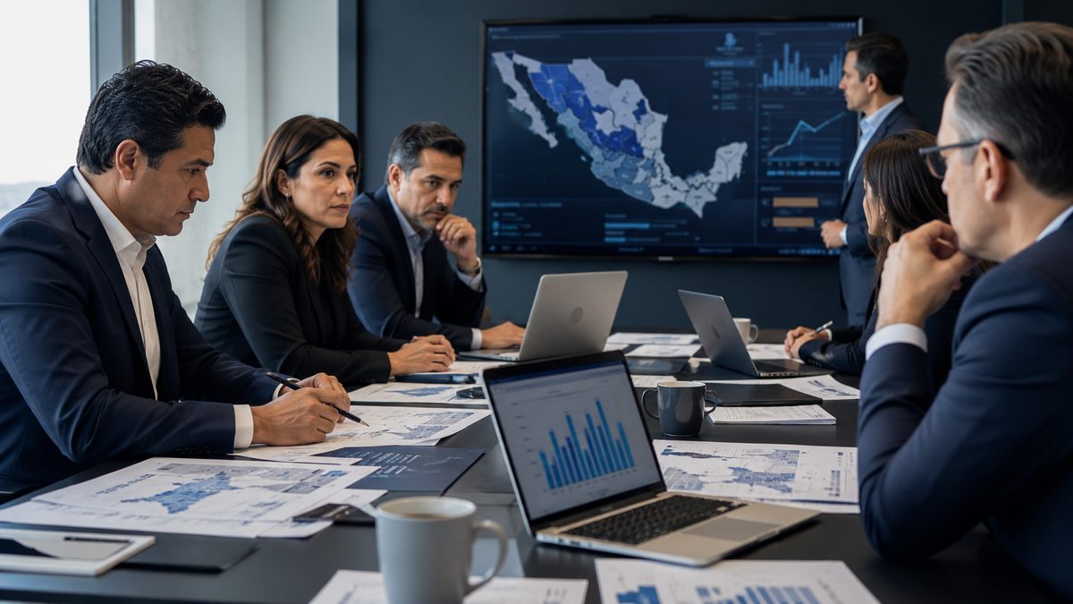 Equipo de V-MANN en sesión de dirección estratégica de campaña, revisando mapa territorial y datos electorales de México