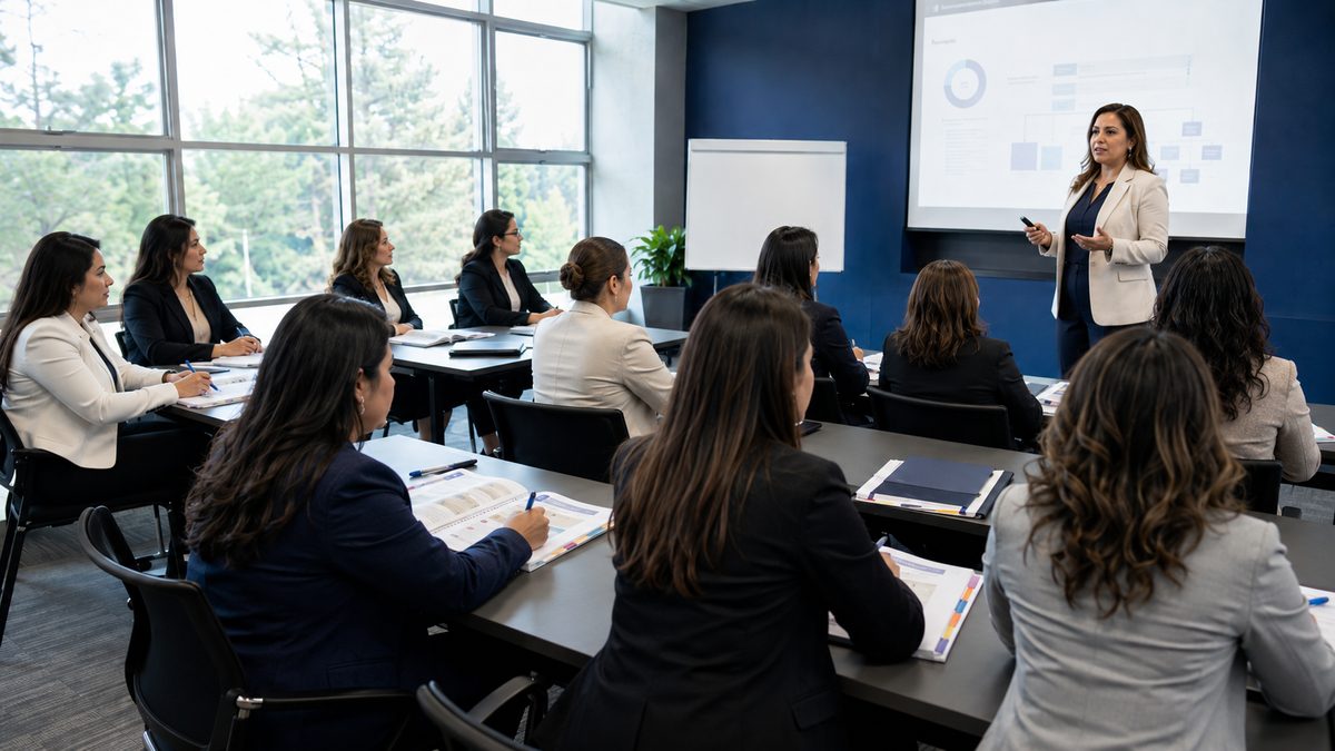 Sesión de formación política y capacitación de cuadros con grupo de participantes en aula corporativa